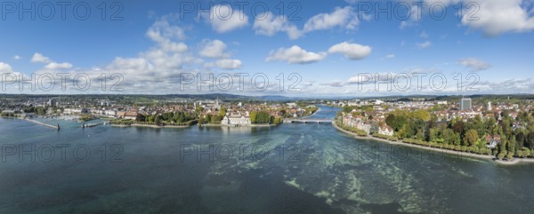 Aerial view, panorama of Lake Constance and the Seerhein including the Rhine funnel with the city of Constance and the old Rhine bridge, where the Rhine officially begins at kilometre zero, on the left the harbour entrance with the Imperia statue, district of Constance, Baden-Württemberg, Germany
