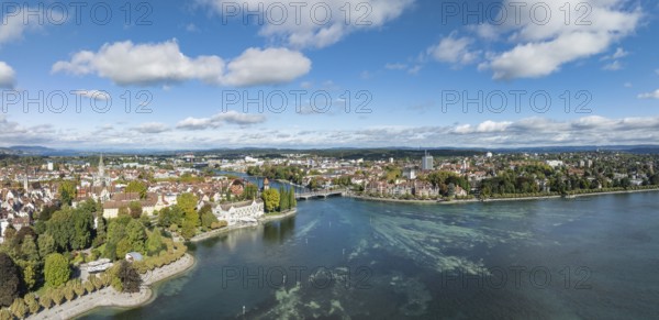 Aerial view, panorama of Lake Constance and the Seerhein including the Rhine funnel with the city of Constance and the old Rhine bridge, where the Rhine officially begins at kilometre zero, on the left the harbour entrance with the Imperia statue, district of Constance, Baden-Württemberg, Germany