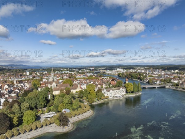 Aerial view of Lake Constance with the Seerhein, also Rhine funnel and the old town of Constance with the city garden, park on the lakeshore, promenade, on the right the Steigenberger Inselhotel, former Dominican monastery, next to it the old Rhine bridge, where the Rhine officially begins at kilometre zero, on the horizon the Constance Minster, district of Constance, Baden-Württemberg, Germany