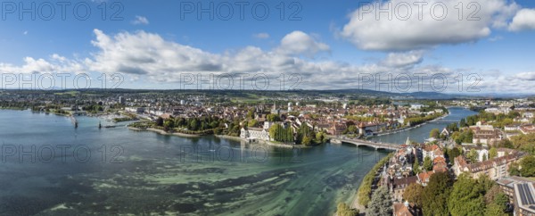 Aerial view, panorama of Lake Constance and the Seerhein also Rhine funnel with the city of Constance and the old Rhine bridge, where the Rhine officially begins at kilometre zero, on the right the district of Petershausen, district of Constance, Baden-Württemberg, Germany
