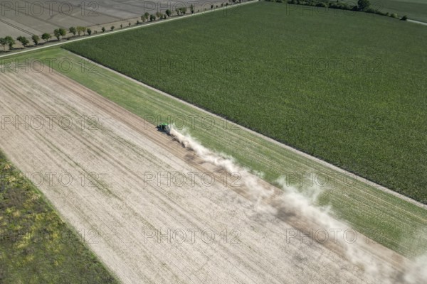Field work, tractor, ploughing, cultivating, sowing peas, fertilising, dryness, drought, agricultural work, harvesting, grain, field work with tractors, harvest festival, aerial view, agricultural machine, Saxony-Anhalt, Germany