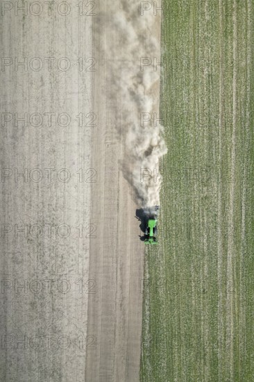 Field work, tractor, ploughing, cultivating, sowing peas, fertilising, dryness, drought, agricultural work, harvesting, grain, field work with tractors, harvest festival, aerial view, agricultural machine, Saxony-Anhalt, Germany