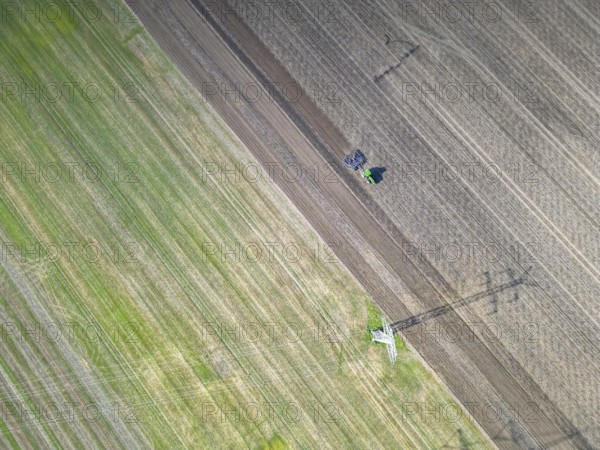Field work, tractor, ploughing, cultivating, sowing peas, fertilising, agricultural work, harvesting, grain, field work with tractors, harvest festival, aerial view, agricultural machine, Saxony-Anhalt, Germany