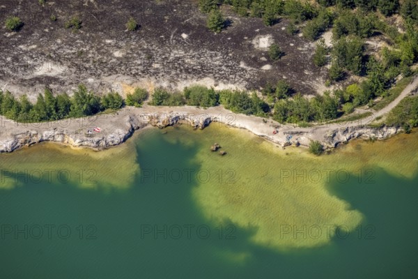Aerial view, rocky beach at Silbersee II, Lehmbraken, Haltern am See, Ruhr area, North Rhine-Westphalia, Germany, bathing beach, DE, Europe, aerial view, aerial photography, aerial photography, Silbersee 2, rocky coast, overview, bird's-eye view, overview