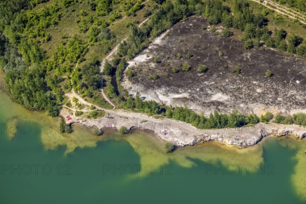 Aerial view, rocky beach at Silbersee II, Lehmbraken, Haltern am See, Ruhr area, North Rhine-Westphalia, Germany, bathing beach, DE, Europe, aerial view, aerial photography, aerial photography, Silbersee 2, rocky coast, overview, bird's-eye view, overview