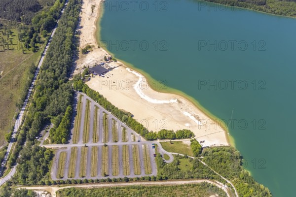 Aerial view, Silbersee II with sandy lido and lido, Lehmbraken, Haltern am See, Ruhr area, North Rhine-Westphalia, Germany, bathing lake, bathing lido, DE, DLRG, Europe, outdoor pool, gastronomy, aerial view, aerial photography, aerial photography, car parks, lake, Silbersee 2, lido, overview, bird's eye view, bathing, birds-eyes view, overview