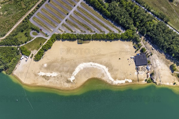 Aerial view, Silbersee II with sandy lido and lido, Lehmbraken, Haltern am See, Ruhr area, North Rhine-Westphalia, Germany, bathing lake, bathing lido, DE, DLRG, Europe, outdoor pool, gastronomy, aerial view, aerial photography, aerial photography, car parks, lake, Silbersee 2, lido, overview, bird's eye view, bathing, birds-eyes view, overview