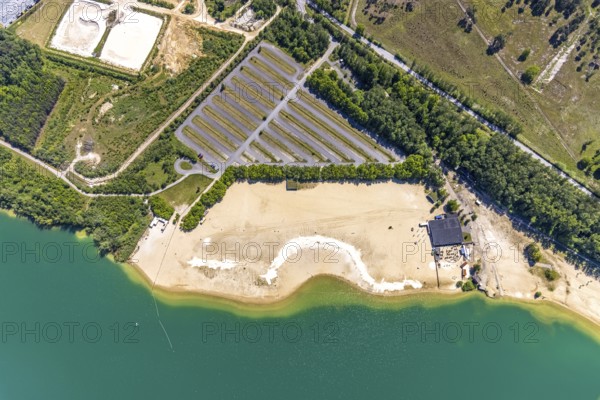 Aerial view, Silbersee II with sandy lido and lido, Lehmbraken, Haltern am See, Ruhr area, North Rhine-Westphalia, Germany, bathing lake, bathing lido, DE, DLRG, Europe, outdoor pool, gastronomy, aerial view, aerial photography, aerial photography, car parks, lake, Silbersee 2, lido, overview, bird's eye view, bathing, birds-eyes view, overview
