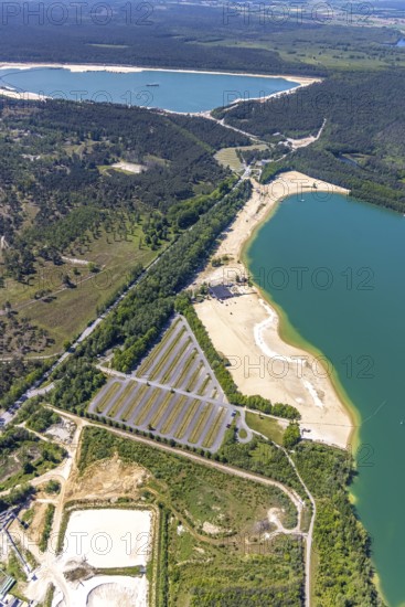 Aerial view, Silbersee II with sandy lido and lido, Lehmbraken, Haltern am See, Ruhr area, North Rhine-Westphalia, Germany, bathing lake, bathing lido, DE, DLRG, Europe, outdoor pool, gastronomy, aerial view, aerial photography, aerial photography, car parks, lake, Silbersee 2, lido, overview, bird's eye view, bathing, birds-eyes view, overview