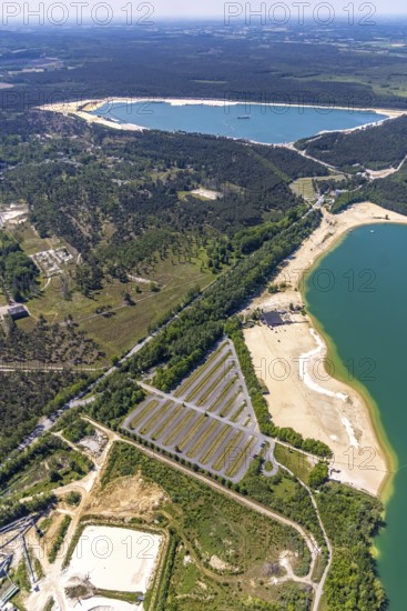 Aerial view, Silbersee II with sandy lido and lido, Lehmbraken, Haltern am See, Ruhr area, North Rhine-Westphalia, Germany, bathing lake, bathing lido, DE, DLRG, Europe, outdoor pool, gastronomy, aerial view, aerial photography, aerial photography, car parks, lake, Silbersee 2, lido, overview, bird's eye view, bathing, birds-eyes view, overview