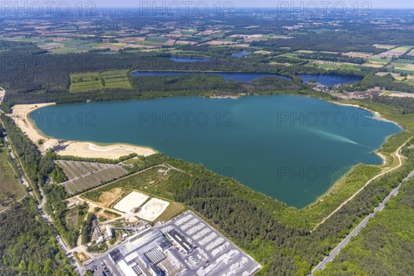 Aerial view, Silbersee II with sandy lido and lido, Lehmbraken, Haltern am See, Ruhr area, North Rhine-Westphalia, Germany, bathing lake, bathing lido, DE, DLRG, Europe, outdoor pool, gastronomy, aerial view, aerial photography, aerial photography, car parks, lake, Silbersee 2, lido, overview, bird's eye view, bathing, birds-eyes view, overview