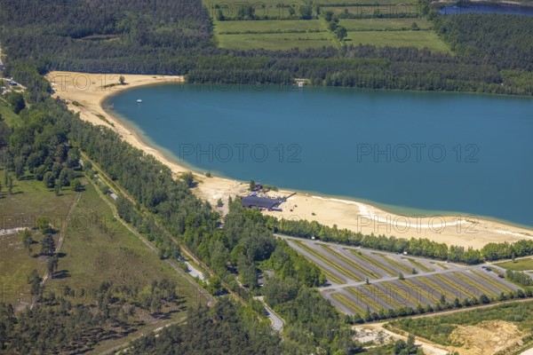 Aerial view, Silbersee II with sandy lido and lido, Lehmbraken, Haltern am See, Ruhr area, North Rhine-Westphalia, Germany, bathing lake, bathing lido, DE, DLRG, Europe, outdoor pool, gastronomy, aerial view, aerial photography, aerial photography, car parks, lake, Silbersee 2, lido, overview, bird's eye view, bathing, birds-eyes view, overview