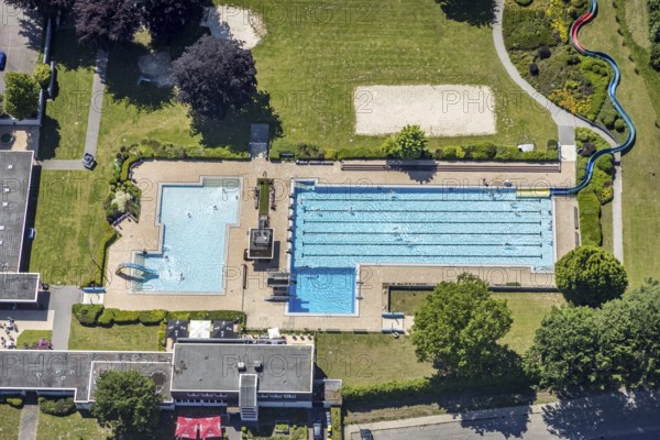 Aerial view, open-air swimming pool Sythen, Haltern am See, Ruhr area, North Rhine-Westphalia, Germany, bathing establishment, bathing resort, DE, Europe, open-air swimming pool, leisure activities, aerial view, aerial photography, aerial photography, Mosskamp, swimming pool, swimming pool, overview, bird's-eye view, overview
