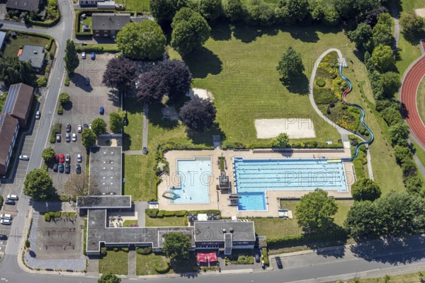 Aerial view, open-air swimming pool Sythen, Haltern am See, Ruhr area, North Rhine-Westphalia, Germany, bathing establishment, bathing resort, DE, Europe, open-air swimming pool, leisure activities, aerial view, aerial photography, aerial photography, Mosskamp, swimming pool, swimming pool, overview, bird's eye view, water slide, birds-eyes view, overview