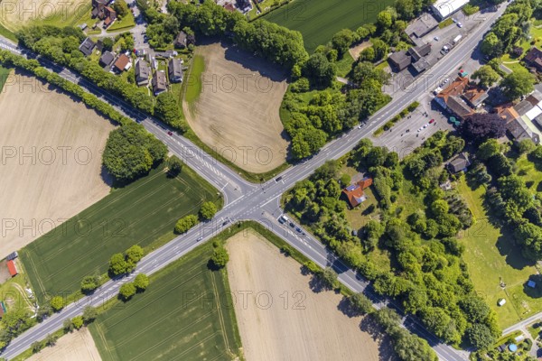 Aerial view, intersection Sythener Straße Münsterstraße, gastronomy Drügen Pütt Bikertreff, Lehmbraken, Haltern am See, Ruhr area, North Rhine-Westphalia, Germany, DE, Europe, gastronomy, intersection, aerial view, aerial photography, aerial photography, overview, traffic volume, bird's eye view, birds-eyes view, overview