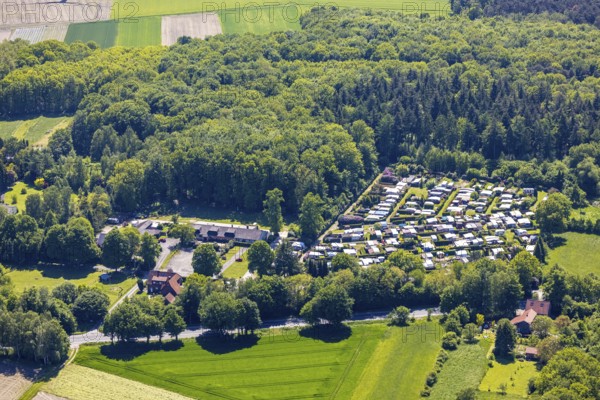 Aerial view, Drügen Kamp campsite, Lehmbraken, Haltern am See, Ruhr area, North Rhine-Westphalia, Germany, camping, camping site, camping houses, campsite, DE, Europe, leisure, aerial view, aerial photography, aerial photography, overview, bird's eye view, motorhome, caravan, birds-eyes view, overview