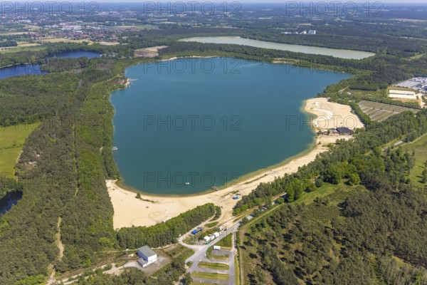 Aerial view, Silbersee II with sandy lido and lido, Lehmbraken, Haltern am See, Ruhr area, North Rhine-Westphalia, Germany, bathing lake, bathing lido, DE, DLRG, Europe, outdoor pool, gastronomy, aerial view, aerial photography, aerial photography, car parks, lake, Silbersee 2, lido, overview, bird's eye view, bathing, birds-eyes view, overview