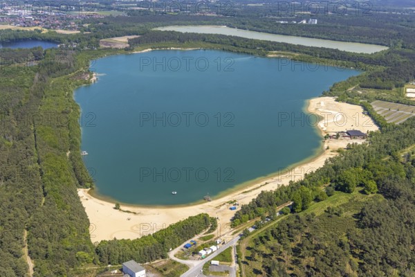 Aerial view, Silbersee II with sandy lido and lido, Lehmbraken, Haltern am See, Ruhr area, North Rhine-Westphalia, Germany, bathing lake, bathing lido, DE, DLRG, Europe, outdoor pool, gastronomy, aerial view, aerial photography, aerial photography, car parks, lake, Silbersee 2, lido, overview, bird's eye view, bathing, birds-eyes view, overview