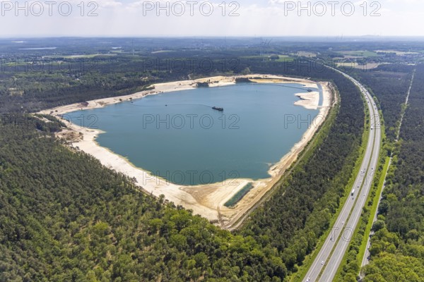 Aerial view, Silbersee I with quartz sand extraction in the district of Lehmbraken, Lehmbraken, Haltern am See, Ruhr area, North Rhine-Westphalia, Germany, DE, Europe, aerial view, aerial photography, aerial photography, quartz sand extraction, Quarzwerke Group, lake, overview, bird's-eye view, overview