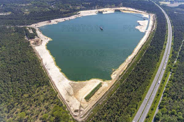 Aerial view, Silbersee I with quartz sand extraction in the district of Lehmbraken, Lehmbraken, Haltern am See, Ruhr area, North Rhine-Westphalia, Germany, DE, Europe, aerial view, aerial photography, aerial photography, quartz sand extraction, Quarzwerke Group, lake, overview, bird's-eye view, overview