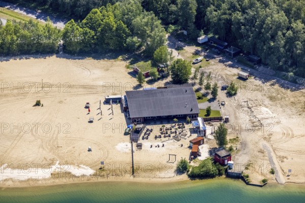 Aerial view, Silbersee II with sandy lido and lido, Lehmbraken, Haltern am See, Ruhr area, North Rhine-Westphalia, Germany, bathing lake, bathing lido, DE, DLRG, Europe, outdoor pool, gastronomy, aerial view, aerial photography, aerial photography, car parks, lake, Silbersee 2, lido, overview, bird's eye view, bathing, birds-eyes view, overview