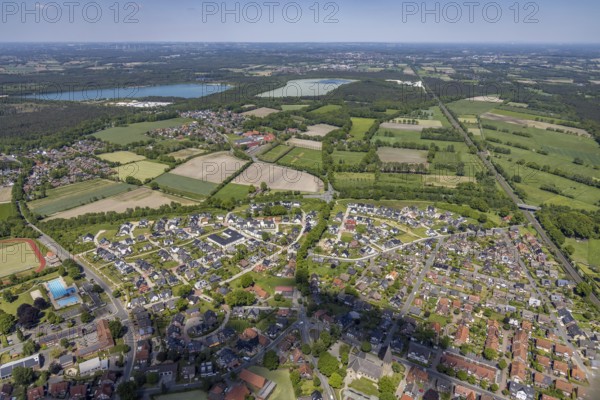 Aerial view, residential area and outdoor pool Sythen with view of Silbersee II and Silbersee III, Sythen, Haltern am See, Ruhr area, North Rhine-Westphalia, Germany, Alloheim Senioren-Residenz Sythen am See, DE, Europe, property tax, real estate, aerial view, aerial photography, aerial photography, lake, overview, bird's-eye view, residential complex, living and living, residential area, residential buildings, quality of living, residential neighbourhood, housing estate, birds-eyes view, overview