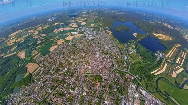 Aerial view, fisheye view of the old town and the Haltern reservoir, Haltern town, Haltern am See, Ruhr area, North Rhine-Westphalia, Germany, Germany