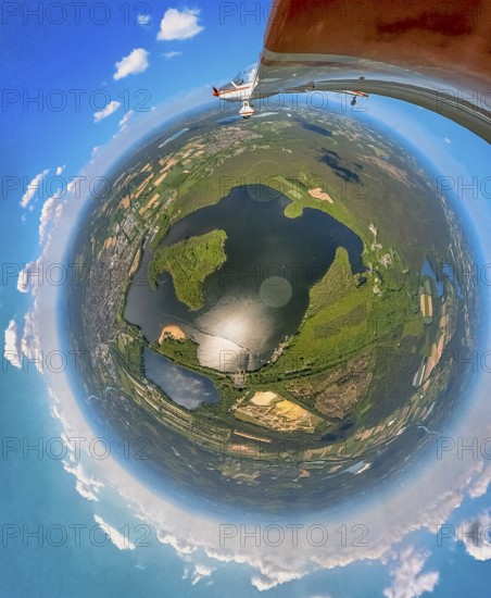 Aerial view, fisheye view of Haltern reservoir with motorised glider, Haltern town, Haltern am See, Ruhr area, North Rhine-Westphalia, Germany, Germany