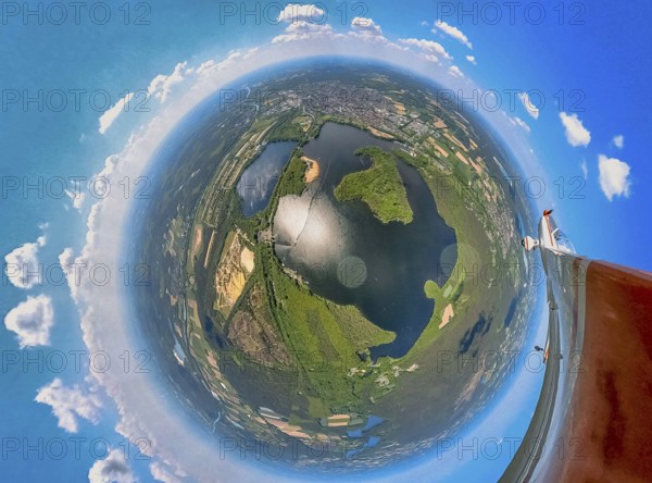 Aerial view, fisheye view of Haltern reservoir with motorised glider, Haltern town, Haltern am See, Ruhr area, North Rhine-Westphalia, Germany, DE, Europe, fisheye view, fisheye lens, Gelsenwasser AG, aerial view, aerial photography, aerial photography, motorised glider, reservoir, overview, ultra wide angle view, bird's eye view, Gelsenwasser AG waterworks, birds-eyes view, fisheye lens, overview