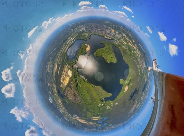 Aerial view, fisheye view of Haltern reservoir with motorised glider, Haltern town, Haltern am See, Ruhr area, North Rhine-Westphalia, Germany, Germany