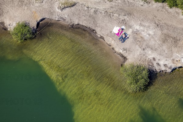 Aerial view, rocky beach at Silbersee II, Lehmbraken, Haltern am See, Ruhr area, North Rhine-Westphalia, Germany, bathing beach, DE, Europe, aerial view, aerial photography, aerial photography, Silbersee 2, rocky coast, overview, bird's-eye view, overview