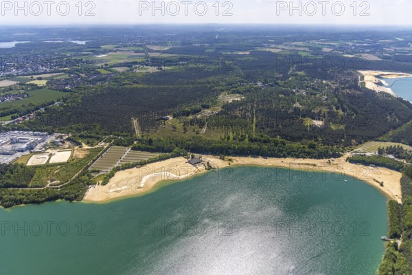 Aerial view, Silbersee II with sandy lido and lido, Lehmbraken, Haltern am See, Ruhr area, North Rhine-Westphalia, Germany, bathing lake, bathing lido, DE, DLRG, Europe, outdoor pool, gastronomy, aerial view, aerial photography, aerial photography, car parks, lake, Silbersee 2, lido, overview, bird's eye view, bathing, birds-eyes view, overview