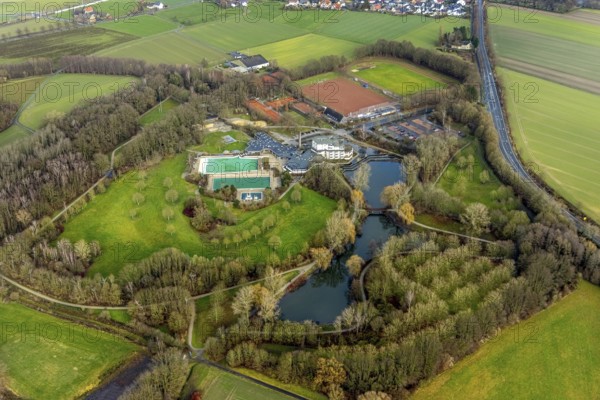 Aerial view Hotel Selbachpark with outdoor pool Selbachpark, Hamm, Ruhr area, North Rhine-Westphalia, Germany, bathing establishment, bathing resort, DE, Europe, outdoor pool, leisure facility, leisure pool, leisure activities, gastronomy, hotel, hotel facilities, hotel business, aerial view, aerial photograph, aerial photography, aerial photography, Rhine-Ruhr metropolitan region, park, swimming pool, swimming pool, Selbachpark, sports, sports field, tennis facility, tennis courts, overview, accommodation, bird's eye view, birds-eyes view, overview