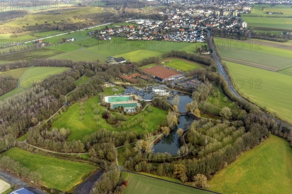 Aerial view Hotel Selbachpark with outdoor pool Selbachpark, Hamm, Ruhr area, North Rhine-Westphalia, Germany, bathing establishment, bathing resort, DE, Europe, outdoor pool, leisure facility, leisure pool, leisure activities, gastronomy, hotel, hotel facilities, hotel business, aerial view, aerial photograph, aerial photography, aerial photography, Rhine-Ruhr metropolitan region, park, swimming pool, swimming pool, Selbachpark, sports, sports field, tennis facility, tennis courts, overview, accommodation, bird's eye view, birds-eyes view, overview