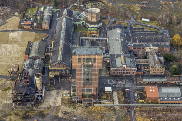 Aerial view with hammerhead tower at Ost Zeche Heinrich Robert colliery, CreativRevier in Wiescherhöfen, Hamm, Ruhr area, North Rhine-Westphalia, Germany, mine, Heinrich Robert colliery, DE, Europe, commercial enterprises, commercial area, commercial park, commercial location, commercial use, industrial facilities, industrial area, industrial building, industrial site, aerial view, aerial photograph, aerial photography, aerial photography, Rhine-Ruhr metropolitan region, coal mine, tower, overview, bird's-eye view, birds-eyes view, former Ost colliery, historical, historical site, overview, destroyed building