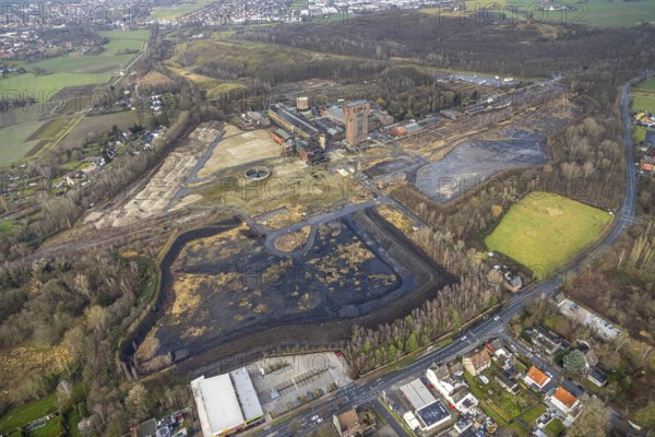 Aerial view with hammerhead tower at Ost Zeche Heinrich Robert colliery, CreativRevier in Wiescherhöfen, Hamm, Ruhr area, North Rhine-Westphalia, Germany, mine, Heinrich Robert colliery, DE, Europe, commercial enterprises, commercial area, commercial park, commercial location, commercial use, industrial facilities, industrial area, industrial building, industrial site, aerial view, aerial photograph, aerial photography, aerial photography, Rhine-Ruhr metropolitan region, coal mine, tower, overview, bird's-eye view, birds-eyes view, former Ost colliery, historical, historical site, overview, destroyed building