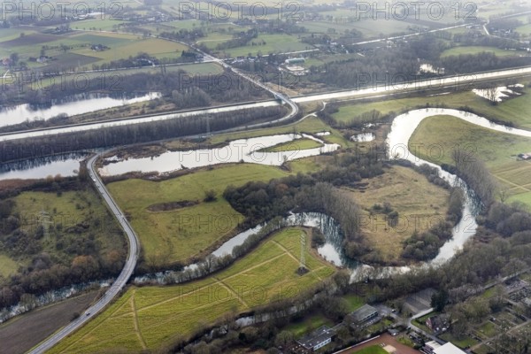Aerial view of the nature reserve Am Tibaum, River Lippe Meander and Datteln-Hamm Canal, Hamm, Ruhr area, North Rhine-Westphalia, Germany, DE, Europe, landscape, aerial view, aerial photography, aerial photography, aerial photography, Rhine-Ruhr metropolitan region, nature reserve, overview, bird's-eye view, overview