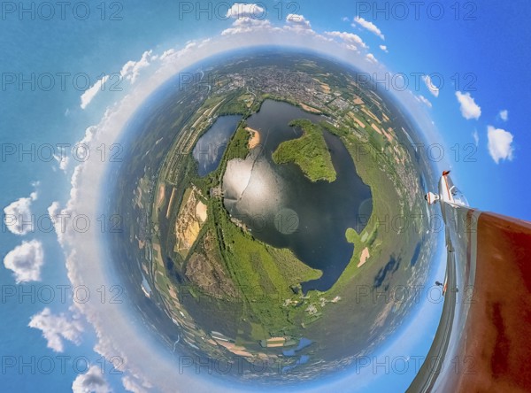 Aerial view, fisheye view of Haltern reservoir with motorised glider, Haltern town, Haltern am See, Ruhr area, North Rhine-Westphalia, Germany, DE, Europe, fisheye view, fisheye lens, Gelsenwasser AG, aerial view, aerial photography, aerial photography, motorised glider, reservoir, overview, ultra wide angle view, bird's eye view, Gelsenwasser AG waterworks, birds-eyes view, fisheye lens, overview