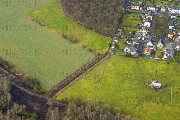 Aerial view Hoppeibach Pelkum and Herringen with construction road near Bocksheideweg in Hamm, Ruhr area, North Rhine-Westphalia, Germany, DE, Europe, Hamm, aerial view, aerial photograph, aerial photography, aerial photography, Rhine-Ruhr metropolitan region, overview, bird's eye view, meadows and fields, birds-eyes view, overview