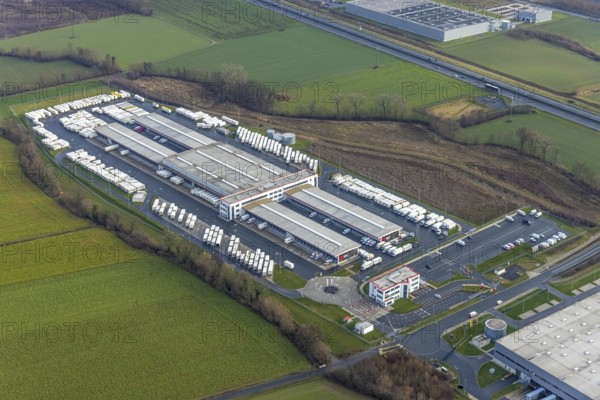 Aerial view DPD Hamm with DPD depot 0159 in Hamm, Ruhr area, North Rhine-Westphalia, Germany, DE, Europe, freight transport, Hamm, logistics, logistics service, logistics service provider, logistics provider, logistics centre, aerial view, aerial photograph, aerial photography, aerial photography, Rhine-Ruhr metropolitan region, Osterbönener Weg, parcel centre, freight forwarding, overview, shipping service, bird's eye view, bird's eye view, overview