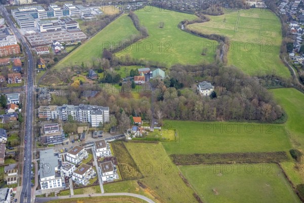Aerial photo Haus Kentrop tree felling in the landscape conservation area in Hamm, Ruhr area, North Rhine-Westphalia, Germany, trees, DE, Europe, Hamm, manor house, landscape conservation area, aerial photo, aerial photography, aerial photography, Rhine-Ruhr metropolitan region, overview, bird's eye view, forest damage, birds-eyes view, overview