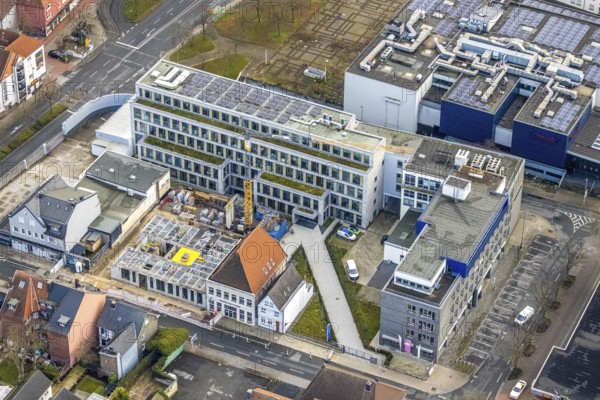 Aerial photo construction site Widumstraße with demolition for new WA office building, Westfälischer Anzeiger, Radio Lippewelle Hamm in Hamm, Ruhr area, North Rhine-Westphalia, Germany, demolition work, construction work, construction, construction area, construction site, construction site, construction project, construction site, DE, Europe, commercial enterprises, commercial area, commercial park, commercial location, commercial use, Hamm, industrial area, industrial building, industrial location, aerial view, aerial photography, aerial photography, aerial photography, metropolitan region Rhine-Ruhr, new building, photovoltaic, photovoltaic plant, solar, solar plant, solar energy, solar energy, Stadtanzeiger Hamm, overview, bird's-eye view, newspaper publisher, birds-eyes view, overview