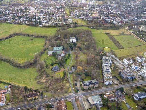 Aerial photo Haus Kentrop tree felling in the landscape conservation area in Hamm, Ruhr area, North Rhine-Westphalia, Germany, trees, DE, Europe, Hamm, manor house, landscape conservation area, aerial photo, aerial photography, aerial photography, Rhine-Ruhr metropolitan region, overview, bird's eye view, forest damage, birds-eyes view, overview