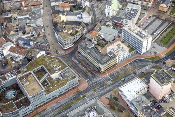Aerial view city centre view commercial buildings Bahnhofstraße in Hamm, Ruhr area, North Rhine-Westphalia, Germany, federal road B63, City, DE, Europe, commercial buildings, Hamm, city centre, aerial view, aerial photograph, aerial photography, aerial photography, Rhine-Ruhr metropolitan region, city centre, overview, bird's eye view, bird's eye view, overview