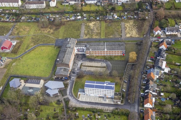 Aerial view commercial area Am Hülsenbusch at the new development area Am Beisenkamp in Hamm, Ruhr area, North Rhine-Westphalia, Germany, DE, Europe, Hamm, aerial view, aerial photograph, aerial photography, aerial photography, Rhine-Ruhr metropolitan region, photovoltaics, photovoltaic system, solar, solar system, solar energy, solar energy, mourning hall Nettebrock, overview, bird's-eye view, bird's-eye view, overview