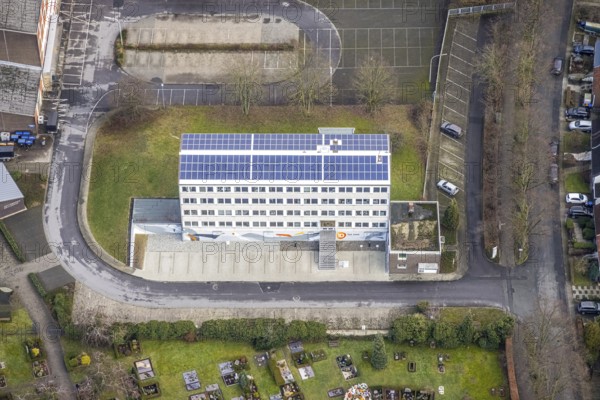 Aerial view commercial area Am Hülsenbusch at the new development area Am Beisenkamp in Hamm, Ruhr area, North Rhine-Westphalia, Germany, DE, Europe, Hamm, industrial area, aerial view, aerial photograph, aerial photography, aerial photography, Rhine-Ruhr metropolitan region, photovoltaics, photovoltaic system, solar, solar system, solar energy, solar energy, overview, bird's-eye view, overview