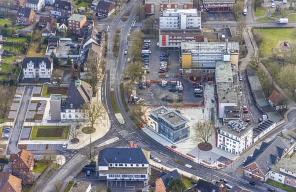 Aerial view of the town hall of Heessen Amtsstraße and the construction site of Heessener Markt in Hamm, Ruhr area, North Rhine-Westphalia, Germany, construction work, construction progress, construction area, building site, building plots, construction measure, construction project, construction site, DE, renovation, Europe, Hamm, aerial view, aerial photograph, aerial photography, aerial photography, Rhine-Ruhr metropolitan region, renovation, refurbishment, overview, bird's-eye view, overview