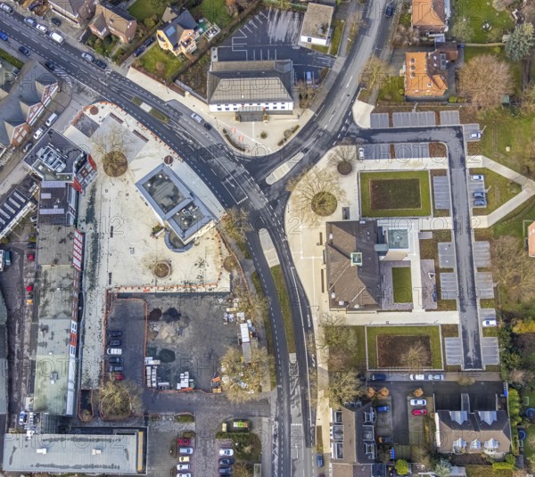 Aerial view of the town hall of Heessen Amtsstraße and the construction site of Heessener Markt in Hamm, Ruhr area, North Rhine-Westphalia, Germany, construction work, construction progress, construction area, building site, building plots, construction measure, construction project, construction site, DE, renovation, Europe, Hamm, aerial view, aerial photograph, aerial photography, aerial photography, Rhine-Ruhr metropolitan region, renovation, refurbishment, overview, bird's-eye view, overview