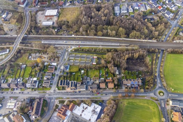 Aerial view construction site subway at Hamm-Heessen railway station in Hamm, Ruhr area, North Rhine-Westphalia, Germany, railway tracks, railway station, construction work, construction, construction area, construction site, construction project, construction site, DE, Deutsche Bahn AG, Europe, Hamm, Hbf, aerial view, aerial photograph, aerial photography, aerial photography, Rhine-Ruhr metropolitan region, overview, bird's-eye view, overview