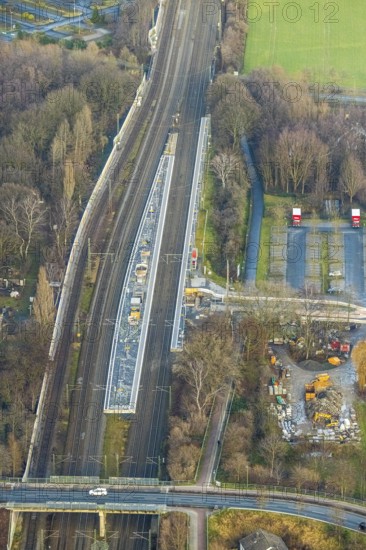 Aerial view construction site subway at Hamm-Heessen railway station in Hamm, Ruhr area, North Rhine-Westphalia, Germany, railway tracks, railway station, construction work, construction, construction area, construction site, construction project, construction site, DE, Deutsche Bahn AG, Europe, Hamm, Hbf, aerial view, aerial photograph, aerial photography, aerial photography, Rhine-Ruhr metropolitan region, overview, bird's-eye view, overview